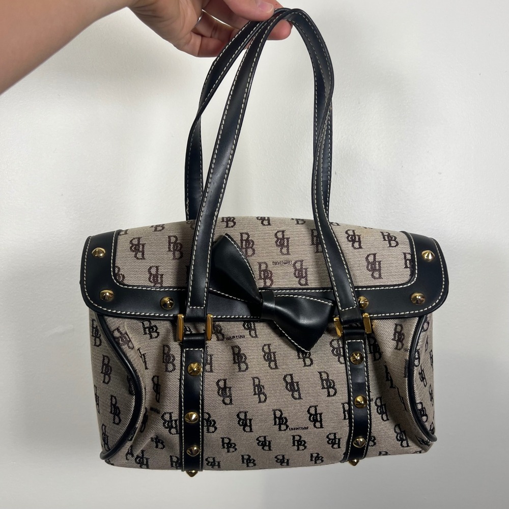 Vintage Style Monogram BB Logo Satchel Bag Black Tan Gold Studded Bow Handbag